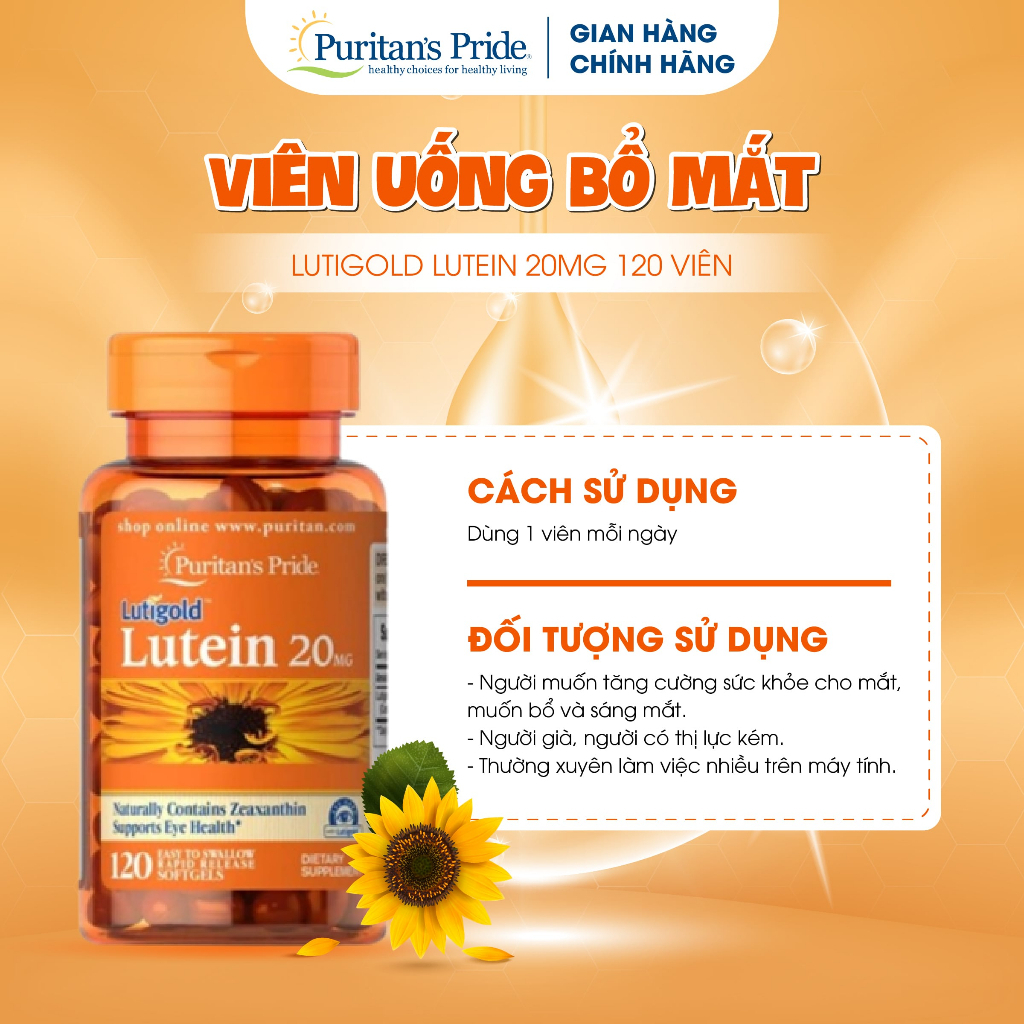 Viên uống tăng cường thị lực, chống ánh sáng xanh Lutein 20mg Puritan's Pride 60-120 viên