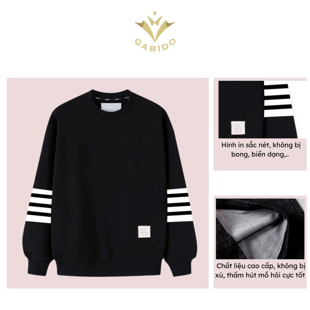 Áo nỉ sweater GABIDO 3 kẻ có nỉ bông dày dặn cao cấp cho nữ form rộng trẻ trung 2 màu đen xám bagic 1909