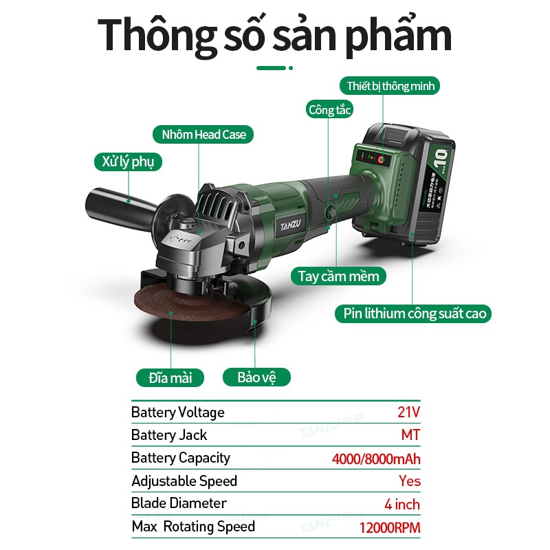 🔥Có hàng🔥Tanzu TZ-J-980 Máy cắt cầm tay không chổi than dùng pin 21V máy mài pin 8000ah thời lượng pin siêu dài