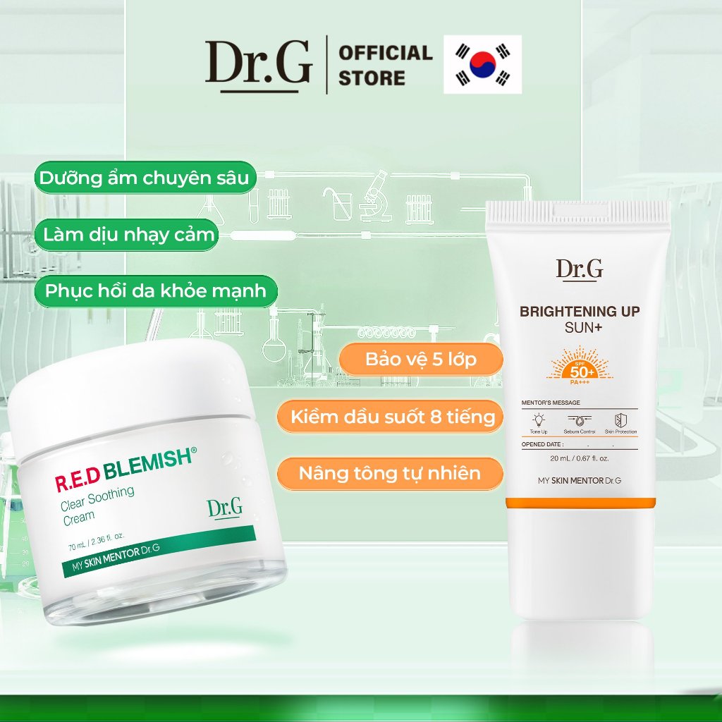 Bộ chăm sóc da 1 Kem dưỡng Dr.G Clear Soothing Cream 70ml tặng kèm 1 kem chống nắng Brightening Up Sun+ 20ml