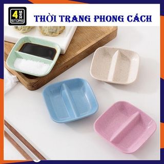 Chén đựng nước chấm 2 ngăn bằng lúa mạch - đĩa hai ngăn đựng gia vị nước chấm nhỏ gọn tiện lợi- khay gia vị 2 ô tiện lợi