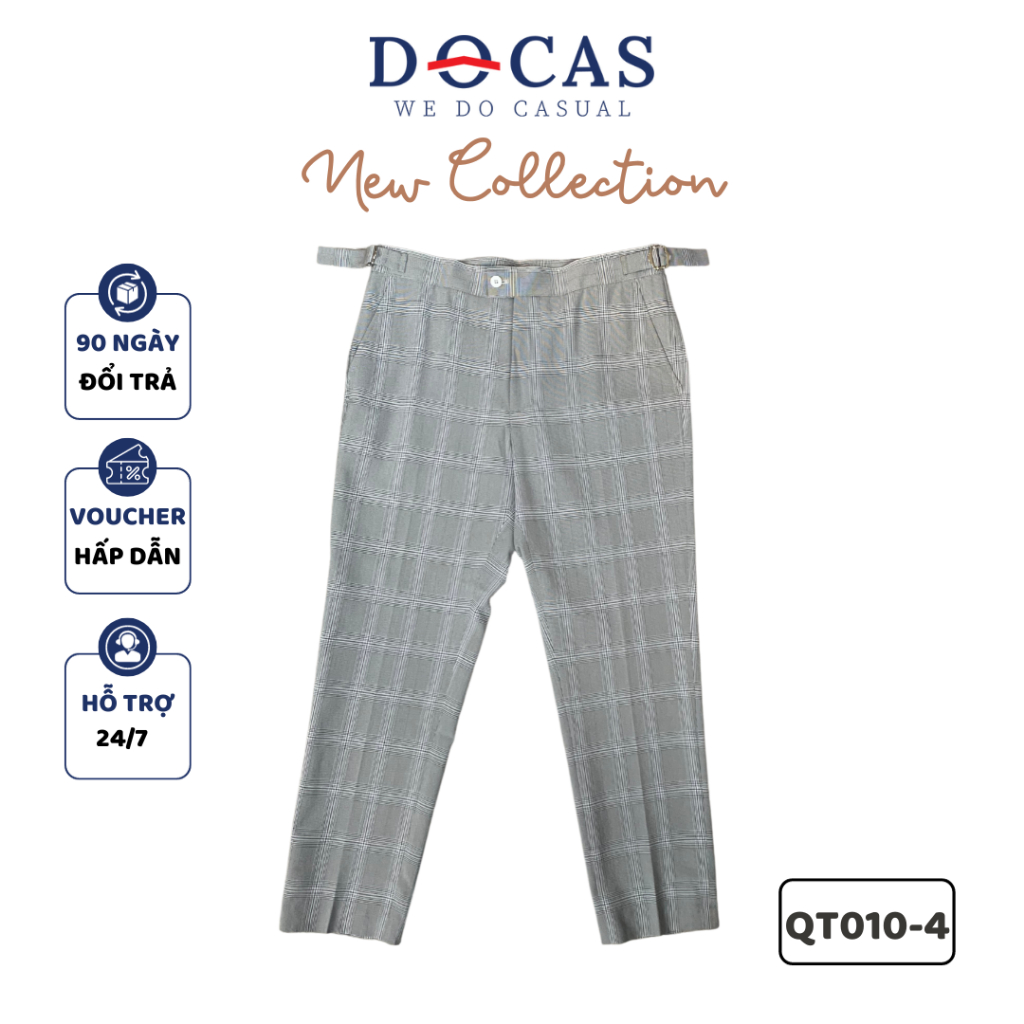 QT010-4 Quần Tây Khaki Nam DOCAS Vải Cotton Sọc Caro Xám 2 Tăng Đơ Phom Slim Crop