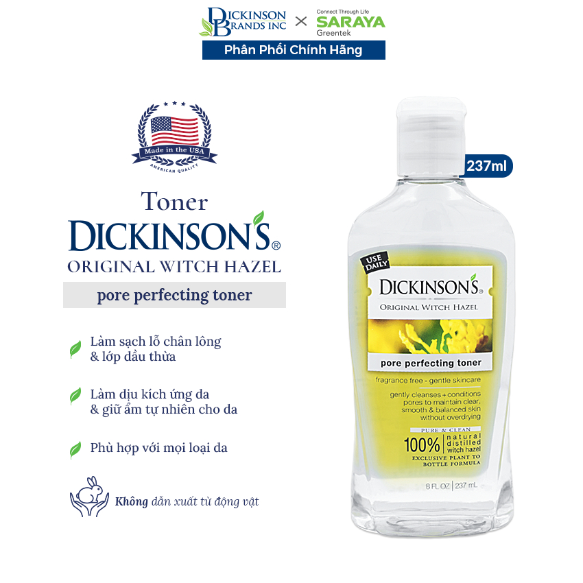 Toner Dickinson's Orginal Witch Hazel Pore Perfecting Toner, Giảm Dầu, Mụn, Se Khít Lỗ Chân Lông - 237ml