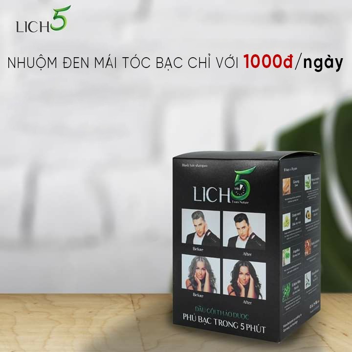 Dầu gội phủ bạc màu Nâu Đen Lich5 Nhuộm tóc bạc màu nâu thảo dược không mùi ngứa rát da đầu Cỏ Cây Hoa Lá hộp 10 gói