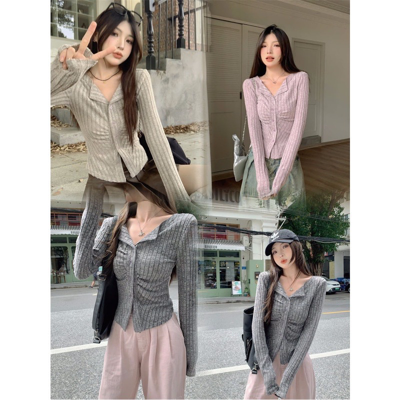 Áo cardigan dệt kim dài tay dáng ôm body cổ chữ V 3 màu mới nhất Thời Trang Nữ hàng QC cao cấp