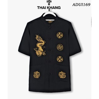 Áo sơ mi nam ông già cổ tàu THÁI KHANG chất đũi mịn thiêu rồng cao cấp form rộng thoải mái ADUI16