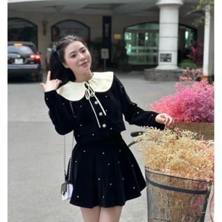 Set Áo Nhung Cổ Sen Kem Tay Dài Đính Đá Cột Nơ Cài Nút Mix Chân Váy Xoè Màu Đen Tiểu Thư