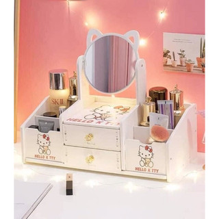 Kệ mỹ phẩm mini - Kệ để đồ trang điểm kèm gương tai mèo dễ thương - Kệ mỹ phẩm đa năng - Kệ mỹ phẩm trắng