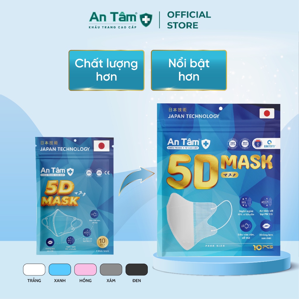 Thùng 100 cái - Khẩu trang y tế 5D 3 lớp Vải Không Dệt & Giấy Kháng Khuẩn Chính Hãng AN TÂM - Túi 10 cái