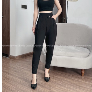 Quần baggy nữ lưng cao cạp chun chất vải umi hàn co giãn 4 chiều, quần baggy nữ cạp cao phối chữ ống bó có túi