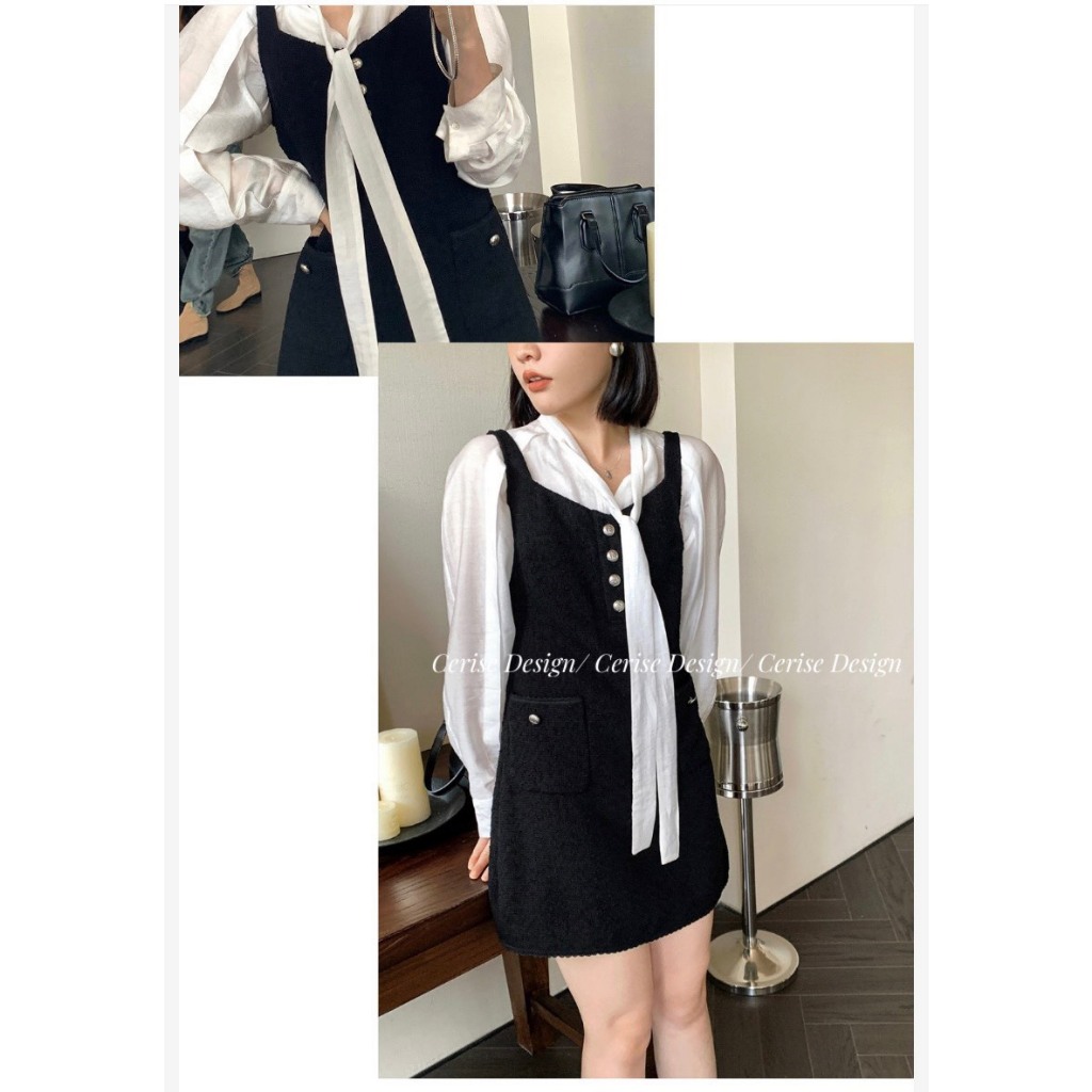 Set váy yếm dạ tweed và áo voan thắt nơ có chiết ly ở eo và ngực dáng nhằm tôn dáng dài trên gối full size hàng thiết kế