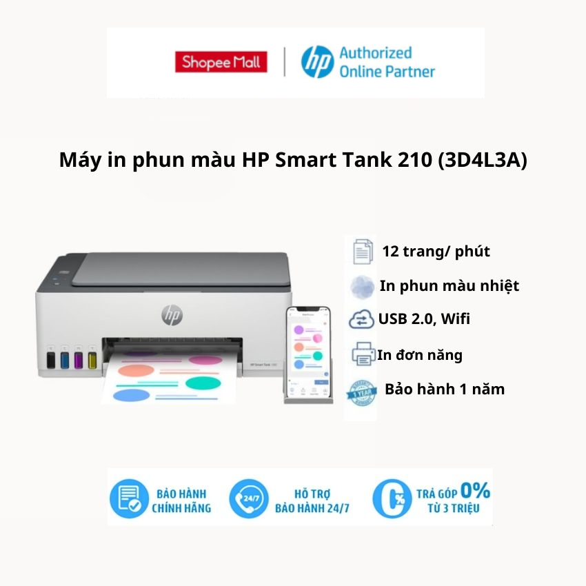 Máy in HP Smart Tank 210 Printer 3D4L3A - Hàng Chính Hãng