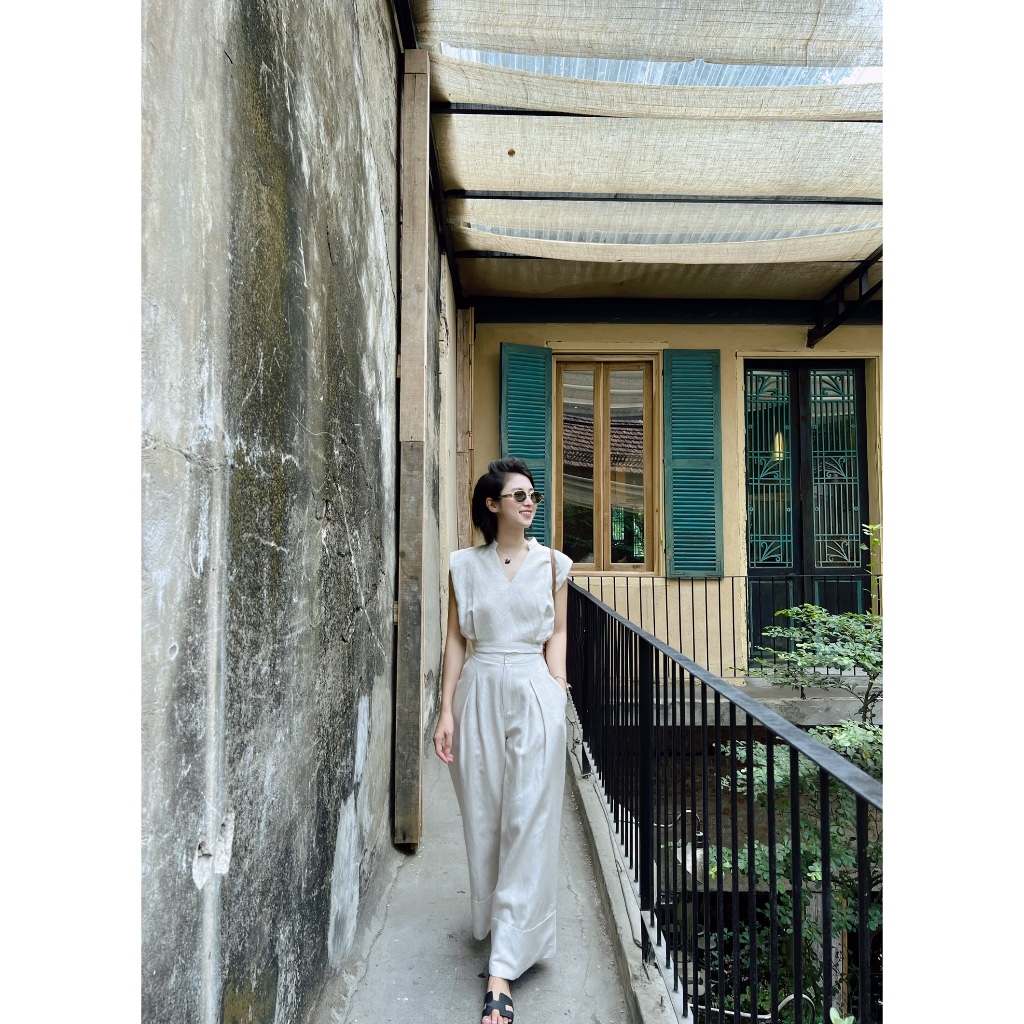 Quần dài linen gập gấu màu muối tiêu - Q95