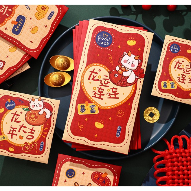 Set 6 Bao Lì Xì 2024, Lì Xì Giáp Thìn CỐC CỐC ,Lì xì Rồng hoạt hình may mắn sang chảnh cho năm mới