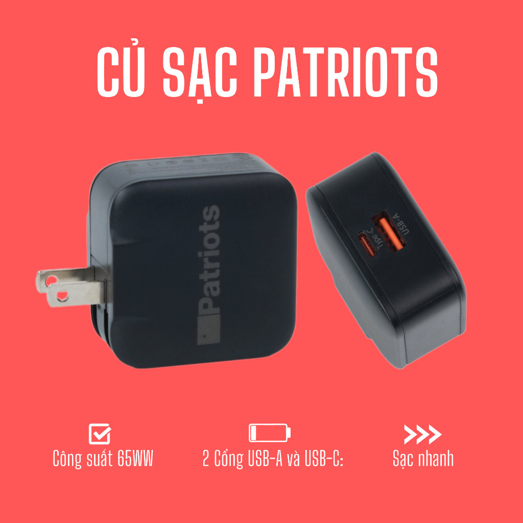 Củ sạc Pa.tri.ots Công Suất 65W 2 Cổng USB-A và USB-C: