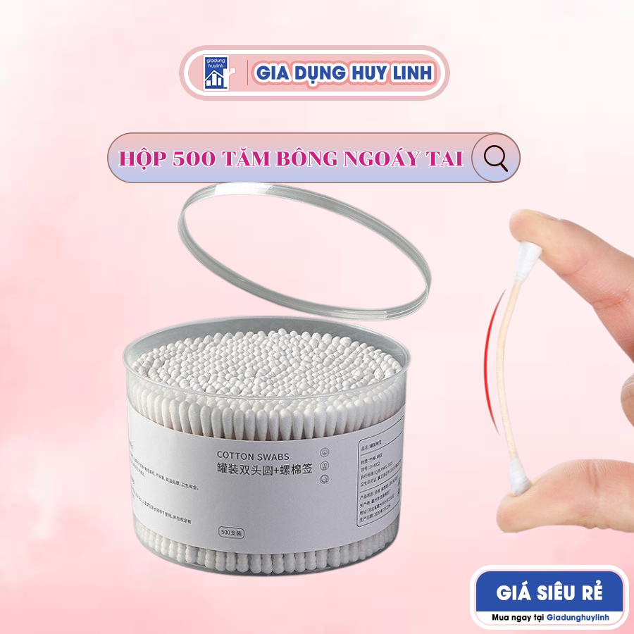 Hộp 500 tăm bông ngoáy tai thân gỗ, bông vệ sinh tai thân gỗ vô trùng, Tăm bông đa năng thân thiện với môi trường