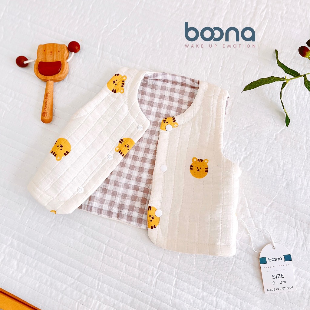 Áo Gile Trần Bông Cao Cấp Boona 2 Mặt Lớp Lót Kẻ Bên Trong Dành Cho Bé Sơ Sinh