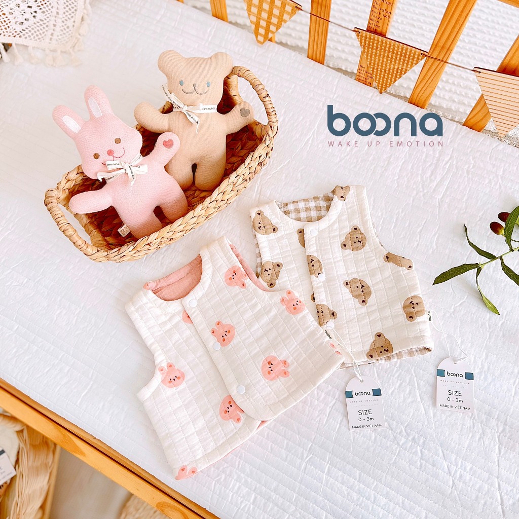 Áo Gile Trần Bông Cao Cấp Boona 2 Mặt Lớp Lót Kẻ Bên Trong Dành Cho Bé Sơ Sinh