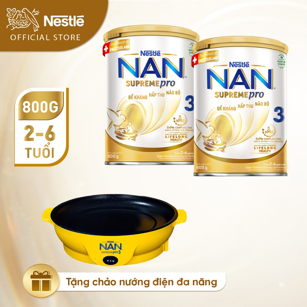 Bộ 2 Lon Sữa Bột Nestlé NAN SupremePro 3 với 5HMO 800g/lon - SP nhập khẩu từ Đức Tặng chảo nướng điện đa năng