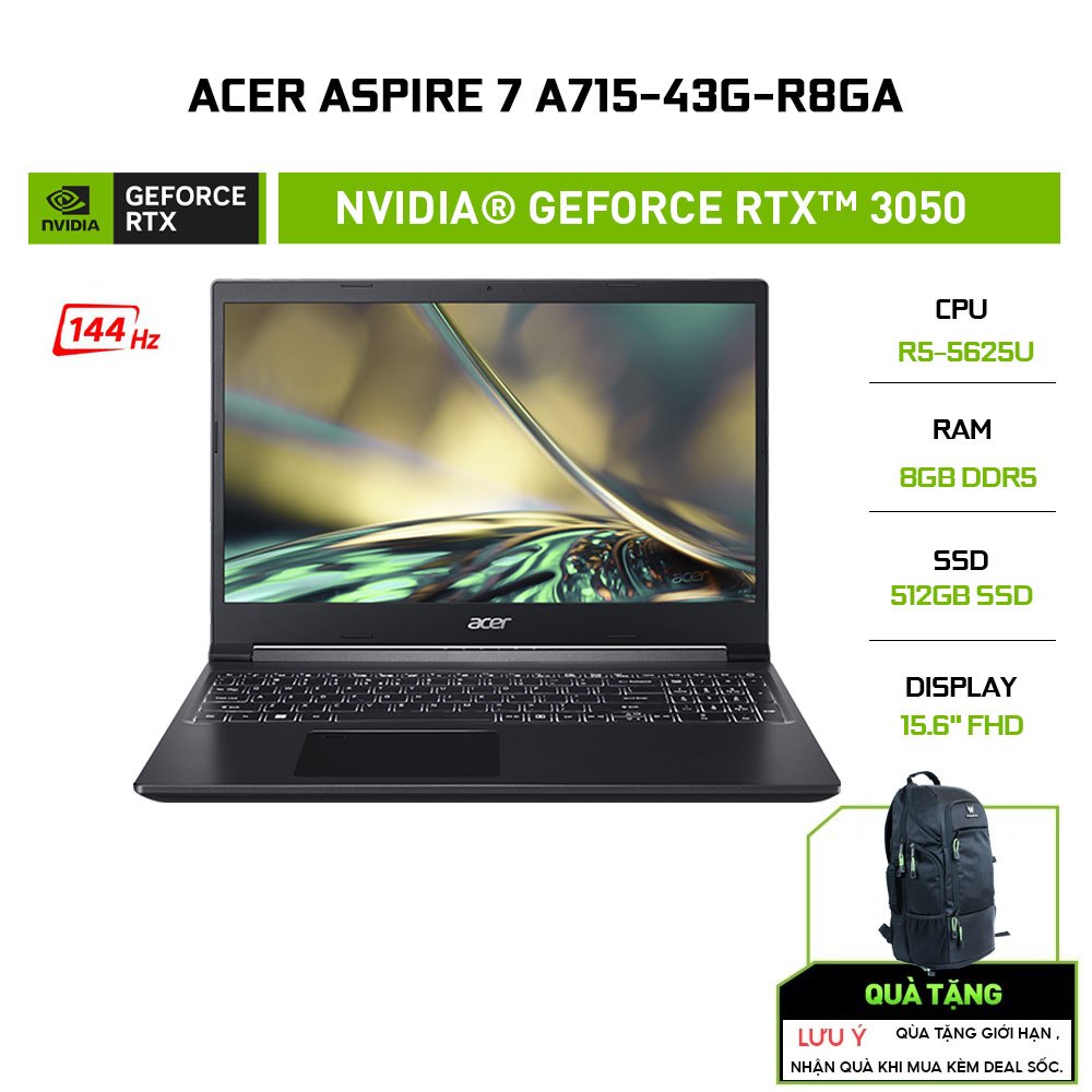 Laptop Acer Aspire 7 A715-43G-R8GA (R5-5625U|8GB|512GB|RTX™ 3050 4GB|15.6')