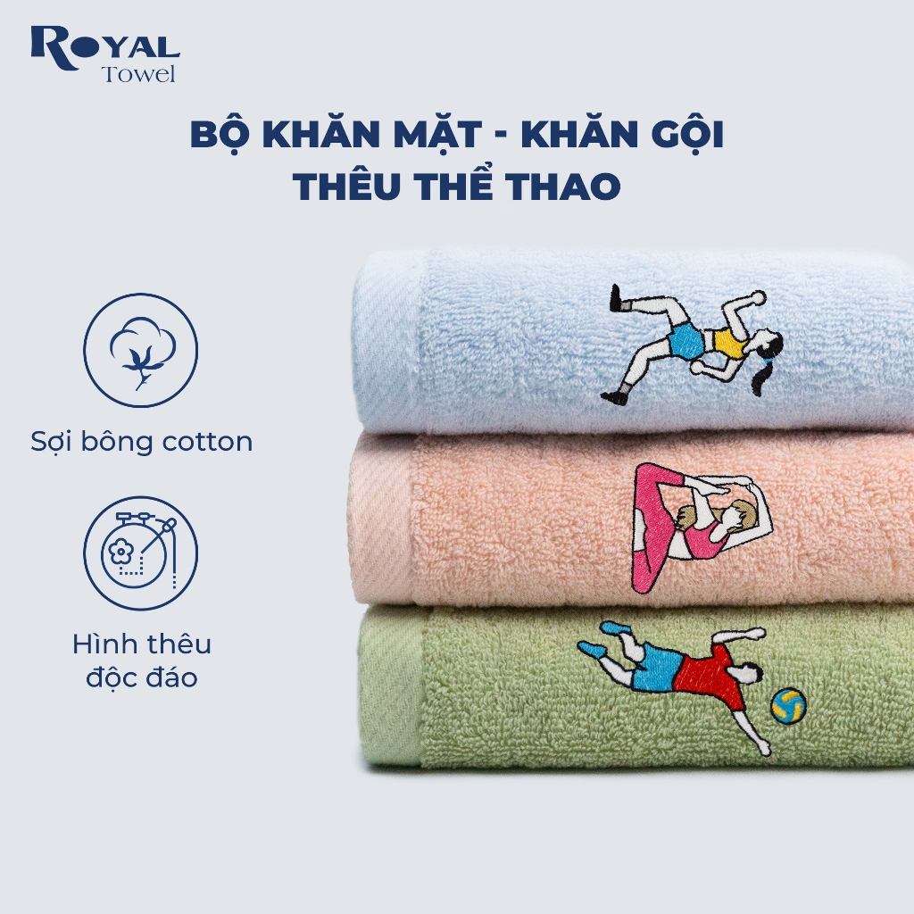Bộ 3 khăn gội - mặt cotton cao cấp Royal Towel thêu hình thể thao với chất liệu mềm mịn, kháng khuẩn cho gia đình
