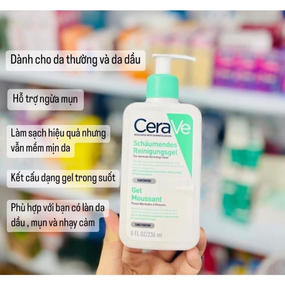 Sữa Rửa Mặt Cerave Xanh Ngọc Foaming Cleanser Sạch Sâu Cho Da Thường Đến Da Dầu, Da Dầu Mụn, Da Nhạy Cảm 236ml