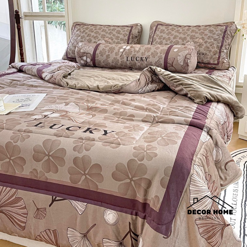 Bộ chăn ga gối nỉ nhung 5D LUCKY chất liệu siêu ấm và mềm mịn , Bộ 5 món nỉ tuyết sữa nhiều mẫu mới 2023