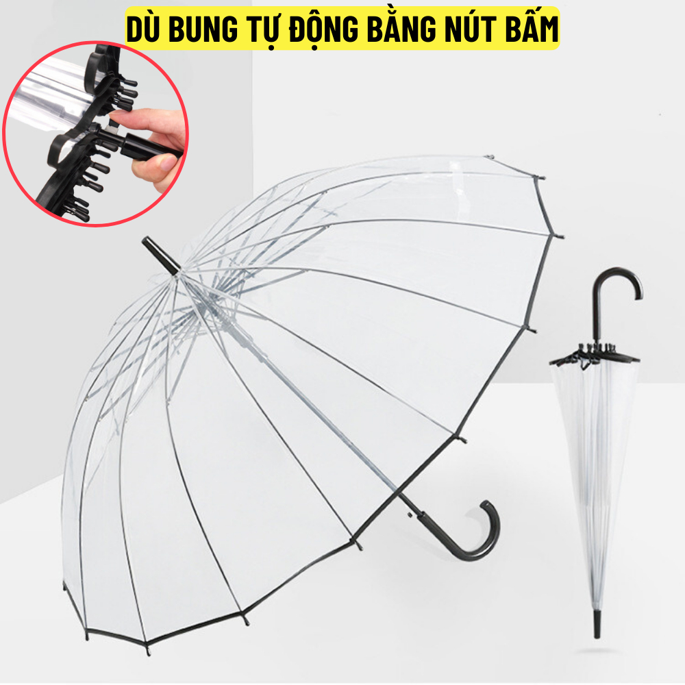 Dù trong suốt 16 nan thép, bấm nút mở tự động Mingroup, Ô trong suốt che mưa cao cấp thời trang, bền cao - BH 6 tháng