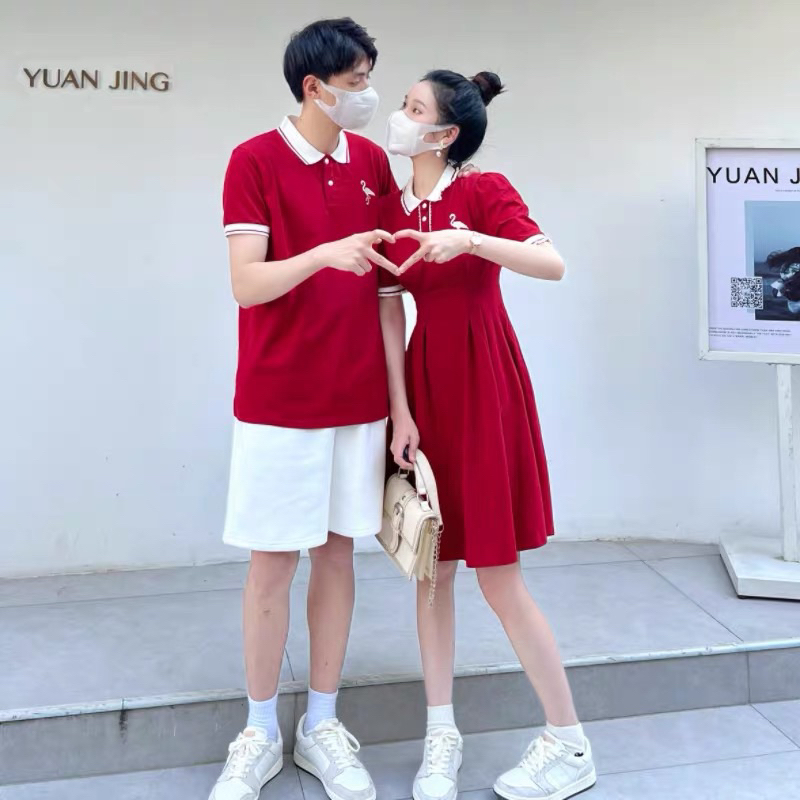 🎄🦩 Đồ thun đôi đỏ thêu hạc dáng xinh xắn mặc tết noel - Đồ đôi Forever Couple Store