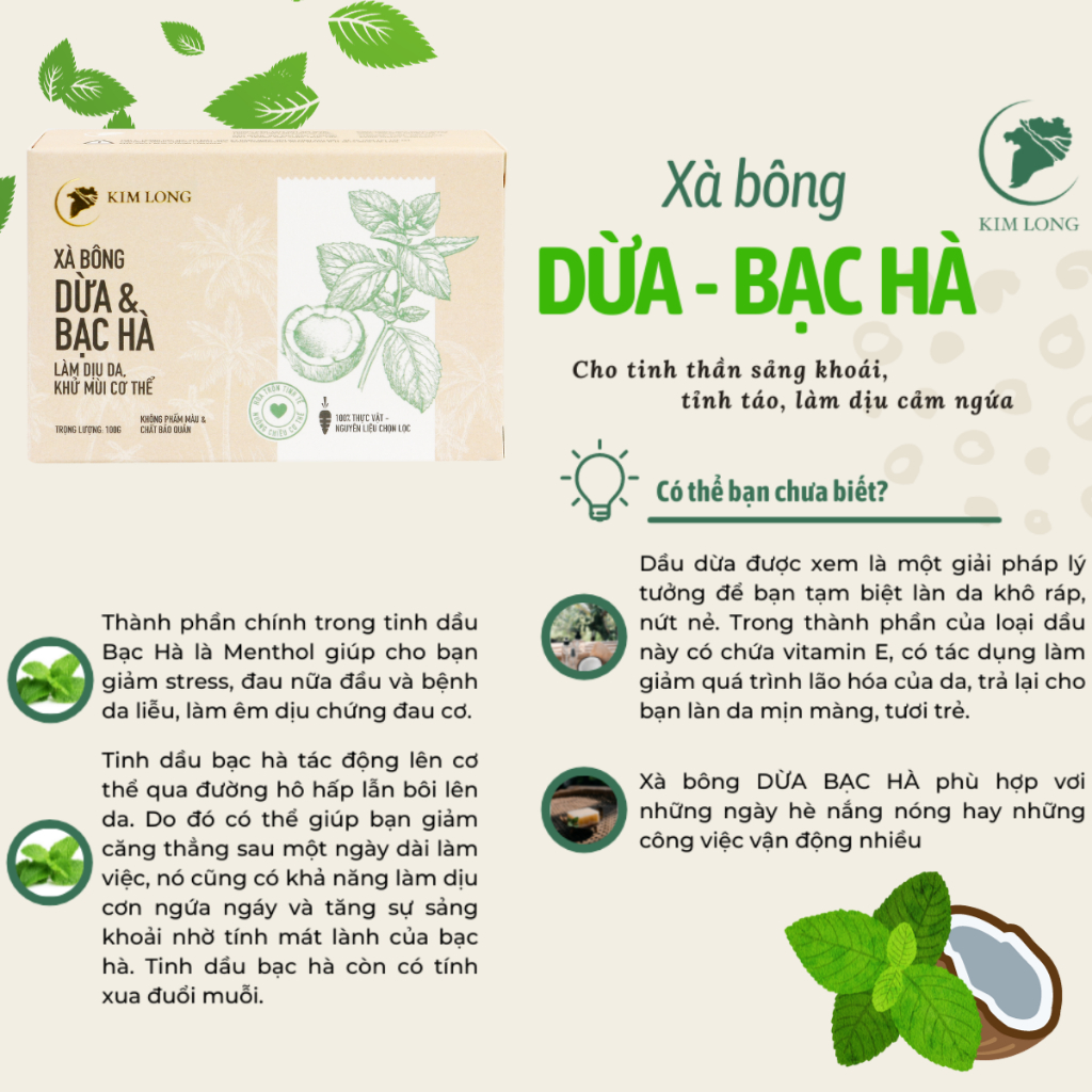 Xà Bông Dừa - Bạc Hà tự nhiên 100% [100gr] - Xà bông thiên nhiên - Xà bông sinh dược thủ công truyền thống - Kim Long
