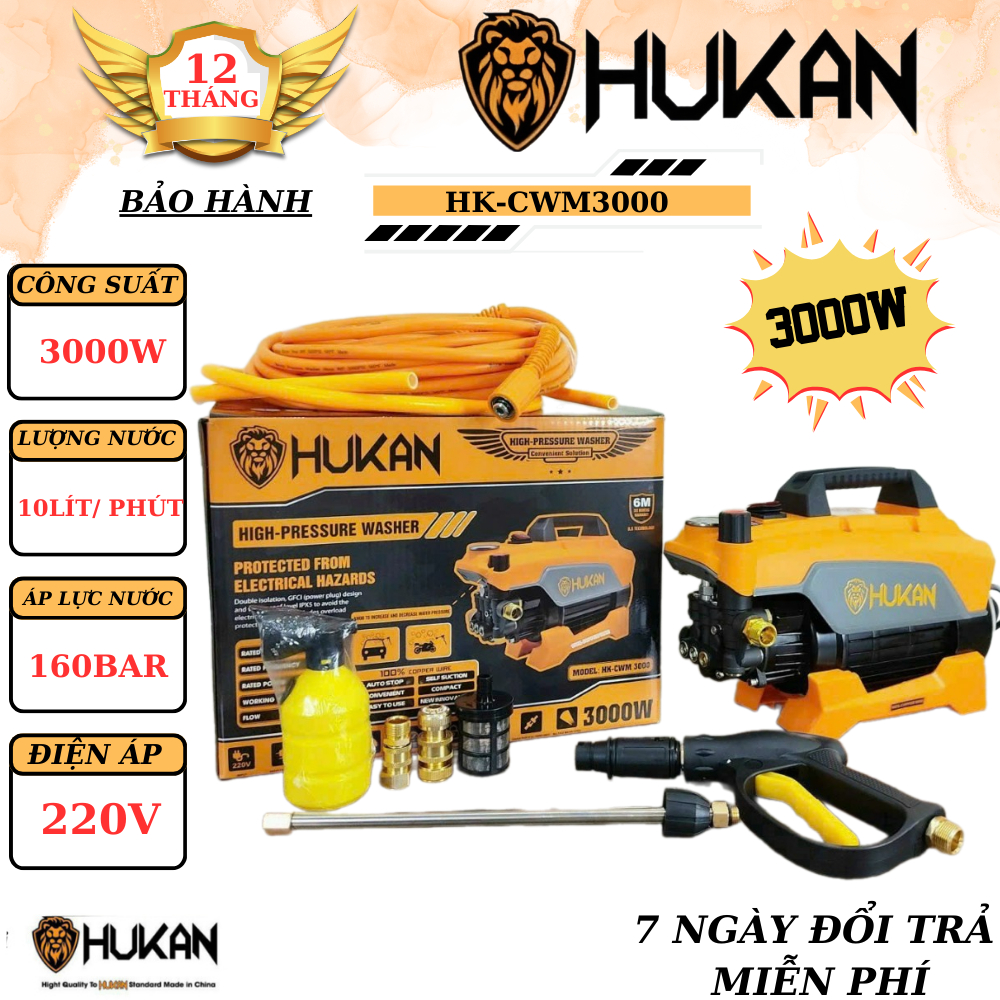 Máy rửa xe HUKAN HK-CWM3000 MOTOR DÂY ĐỒNG 100% - Máy rửa xe HUKAN 3000W áp lực 160bar có chỉnh áp