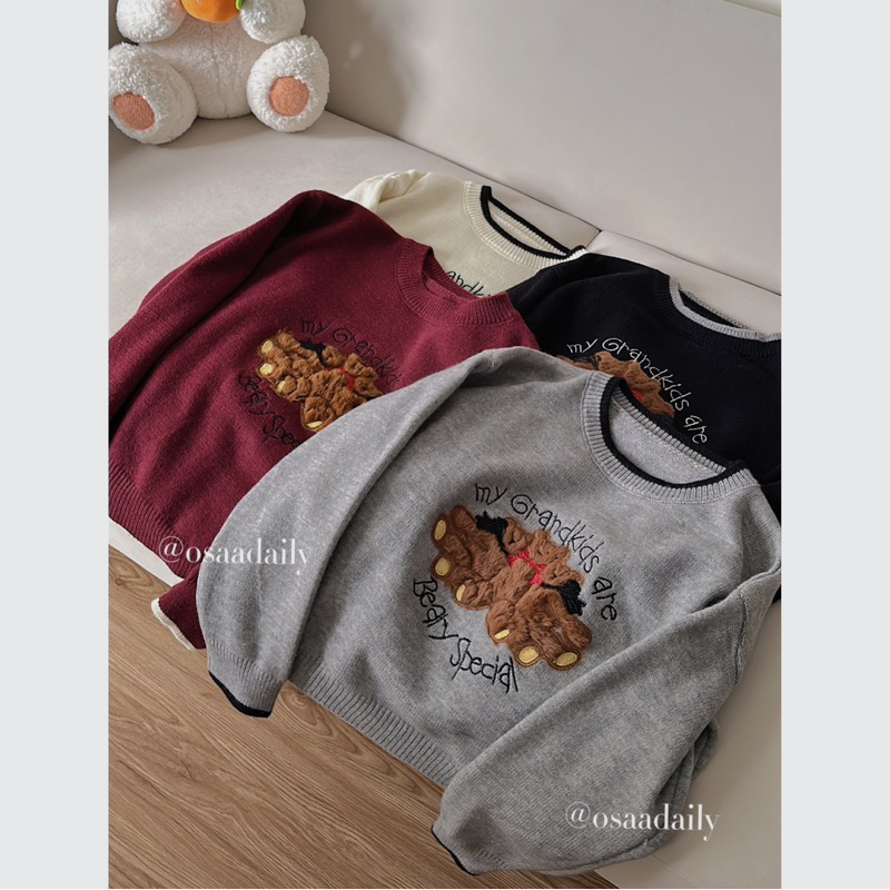 Áo len dài tay thêu gấu, áo sweater nữ dệt kim form rộng phong cách hàn quốc - OSAA DAILY