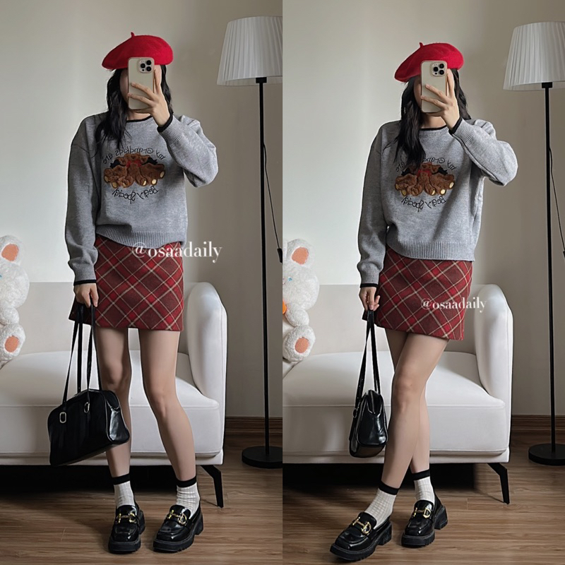 Áo len dài tay thêu gấu, áo sweater nữ dệt kim form rộng phong cách hàn quốc - OSAA DAILY