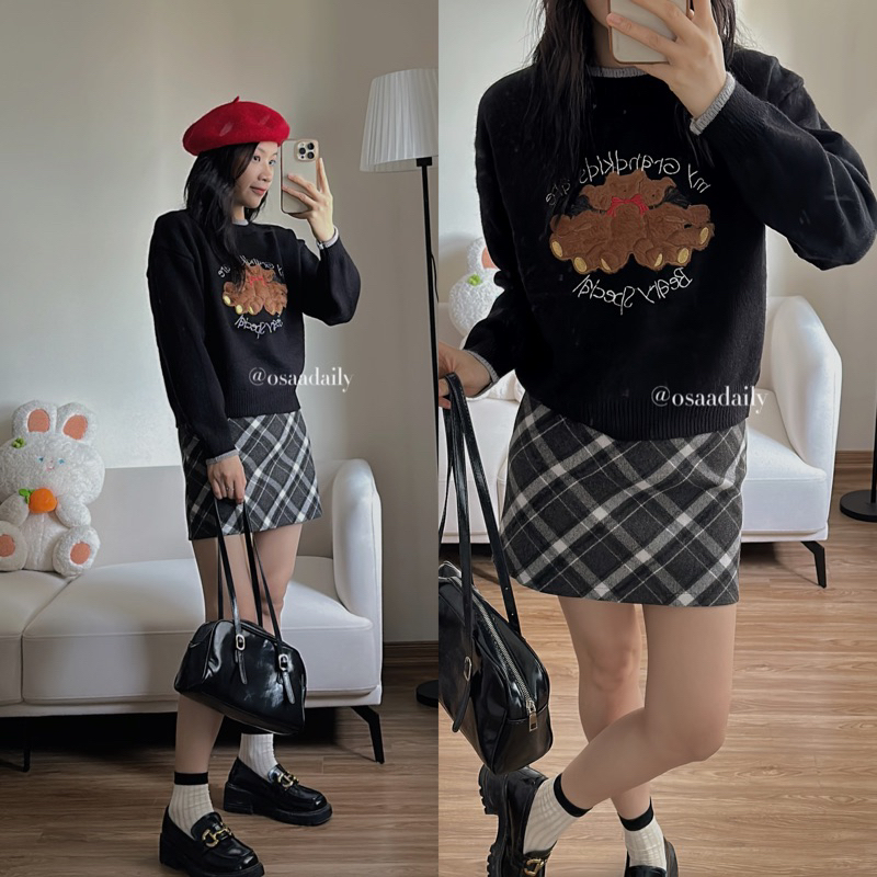 Áo len dài tay thêu gấu, áo sweater nữ dệt kim form rộng phong cách hàn quốc - OSAA DAILY