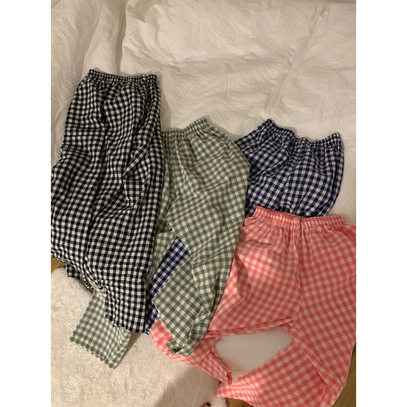 Quần ngủ suông dáng dài hoạ tiết kẻ caro chất vải thô