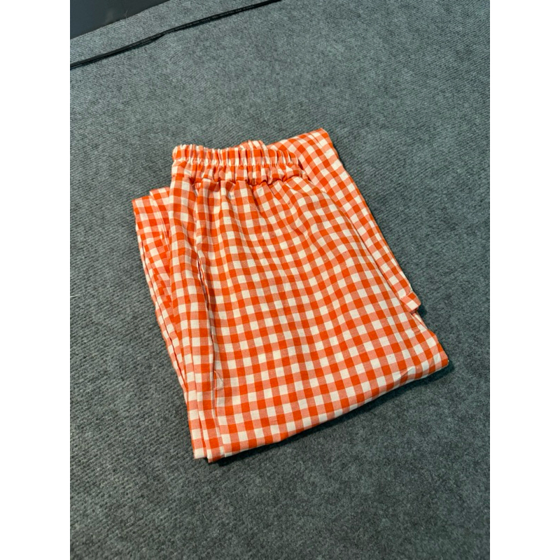 Quần ngủ suông dáng dài hoạ tiết kẻ caro chất vải thô