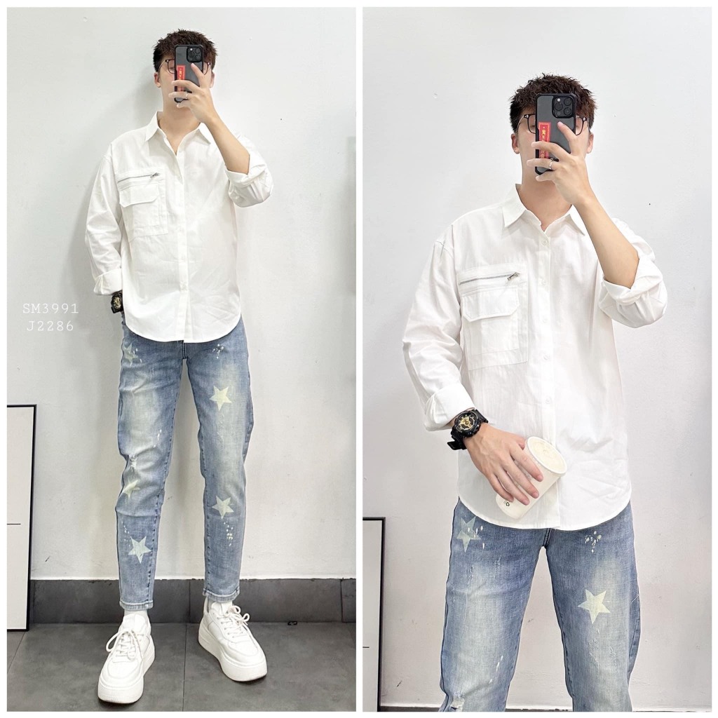 Áo sơ mi nam tay dài vải dũi dày dặn co dãn thêu túi phối chữ siêu xịn chuẩn hàng shop Thành_Store