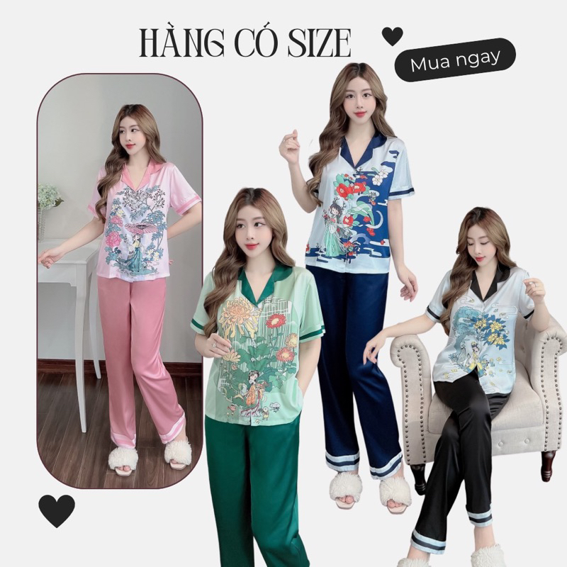 Bộ lụa mặc nhà mềm nhẹ thoáng mát Quần dài có nhiều size