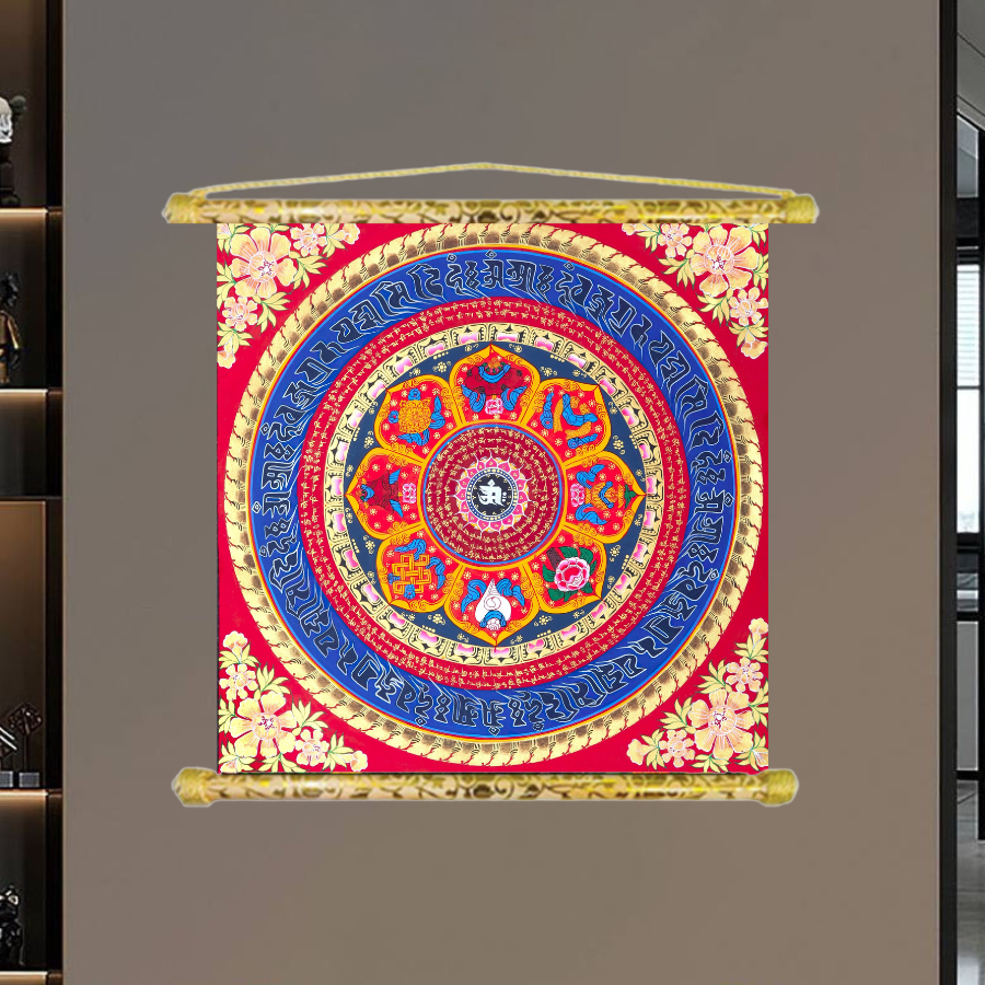 Tranh Liễn Lục Tư Đại Minh Chú 03 - Om Mani Padme Hum Mandala - Vải Canvas Cao Cấp