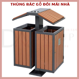 Thùng rác gỗ ngoài trời đôi mái nhà cao cấp