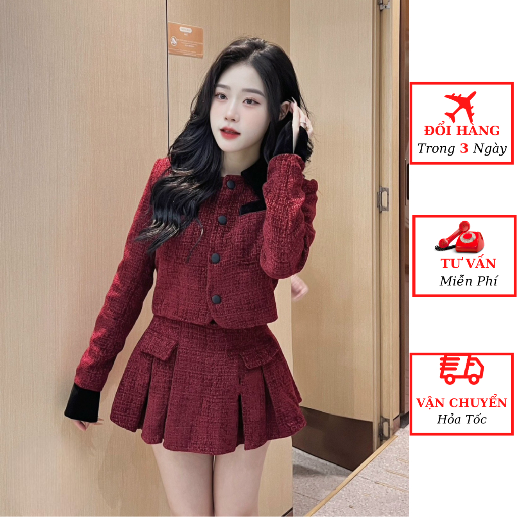 Set dạ tweed nữ đỏ viền nhung chân váy dạ xếp ly dáng ngắn tiểu thư mùa đông