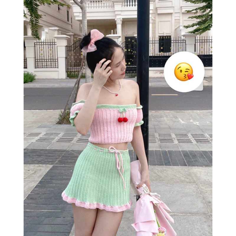 Set áo kèm chân váy len móc cherry 🍒 - Crochet set váy cherry ngọt ngào phong cách retro, y2k, coquette