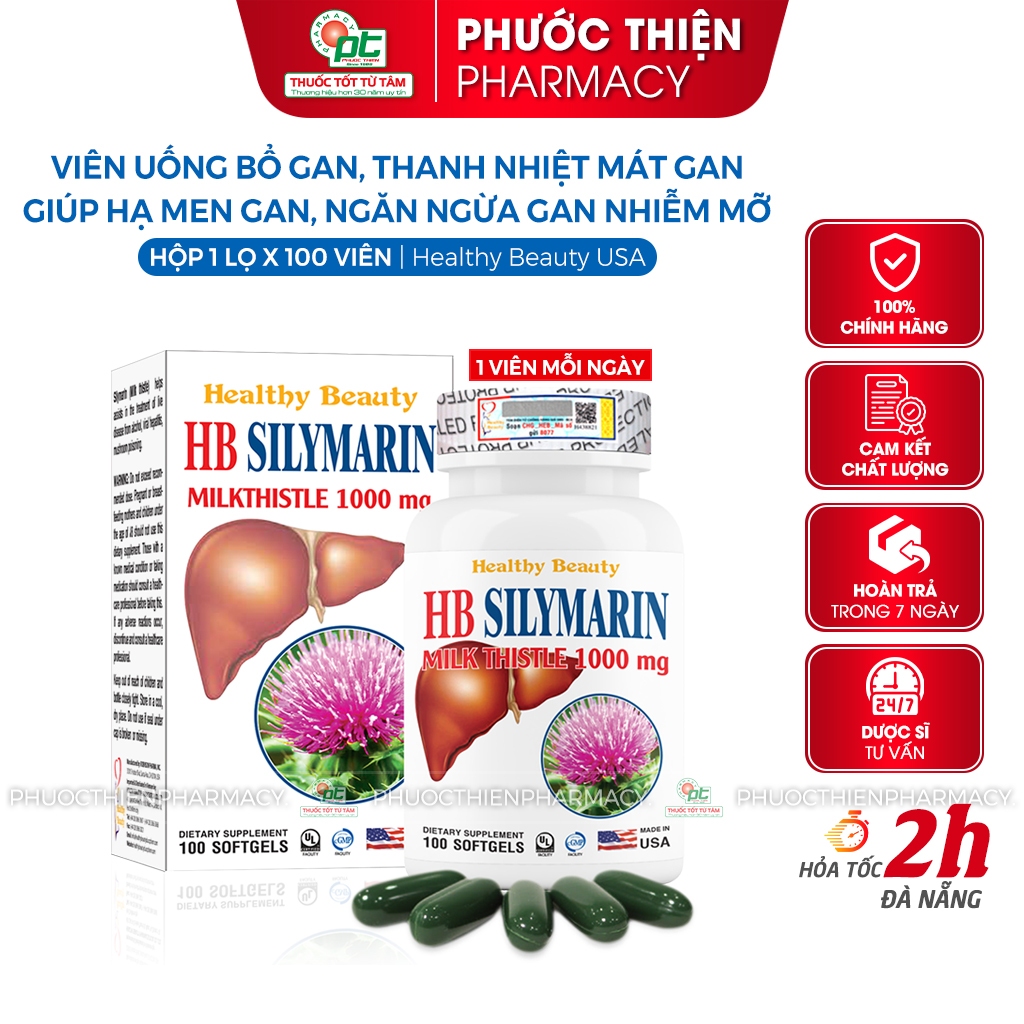 Viên uống bổ gan, thải độc gan cây kế sữa HB SILYMARIN Healthy Beauty lọ 100 Viên mát gan giải độc