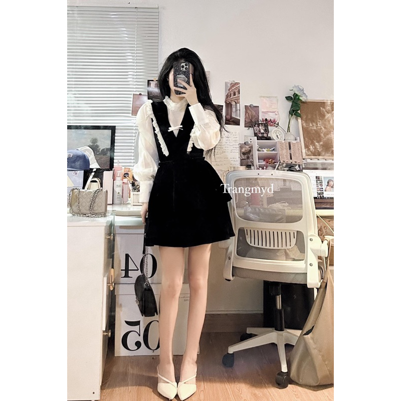 Váy nhung tay voan tiểu thư