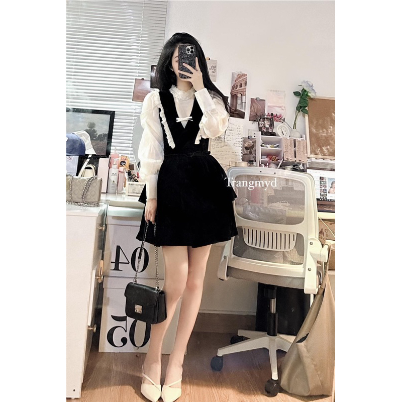 Váy nhung tay voan tiểu thư