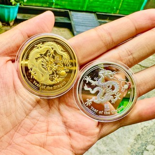 Cặp Đồng Tiền Xu Úc Hình Con Rồng Mạ Vàng Bạc