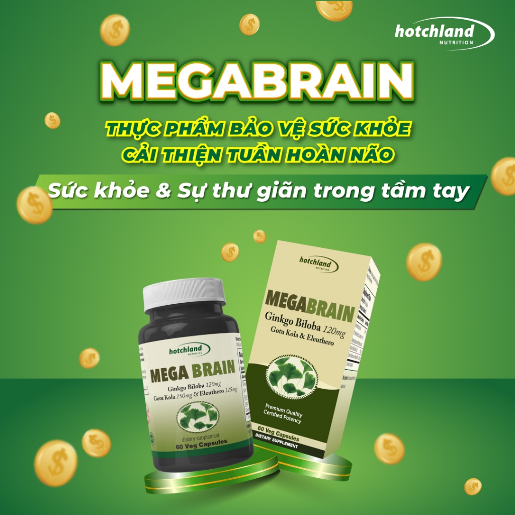 Viên uống bổ não Ginkgo Biloba Mega Brain hỗ trợ tuần hoàn máu não, giúp giảm căng thẳng, mệt mỏi. Hộp 60v