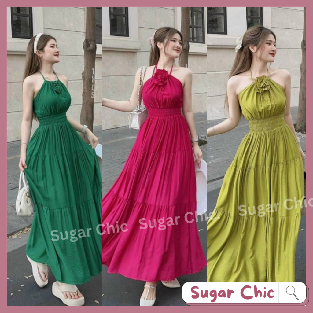 Đầm váy maxi cổ yếm đính bông bo chun eo, Đầm váy nữ maxi dây cổ yếm họa tiết đính bông sang chảnh cá tính nhiều màu đẹp