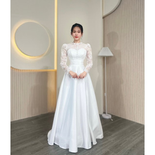  Váy Đi Bàn Cô Dâu Tay Dài Chất Phi ,Dáng Chạm Đất Tay Ren Ẩn Rất Đẹp Cổ Cao Tay Dài Phù Hợp Cho Mùa Đông Lạnh Lạnh 