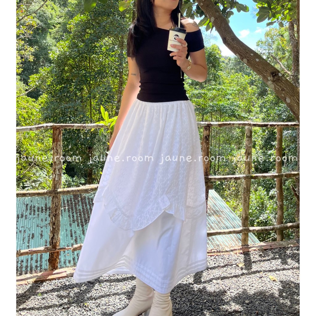 Chân váy dài tầng dáng xòe chữ A cotton JAUNE lưng thun- TYDI LONG SKIRT